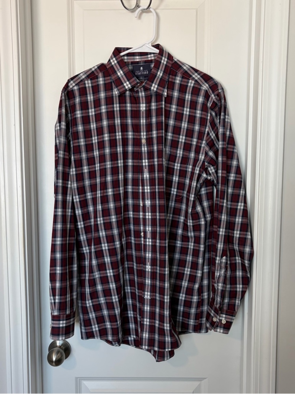 Stafford Men's Burgundy and White Plaid Button-Down 
Size 15 1/2 34-35 Reg fit
